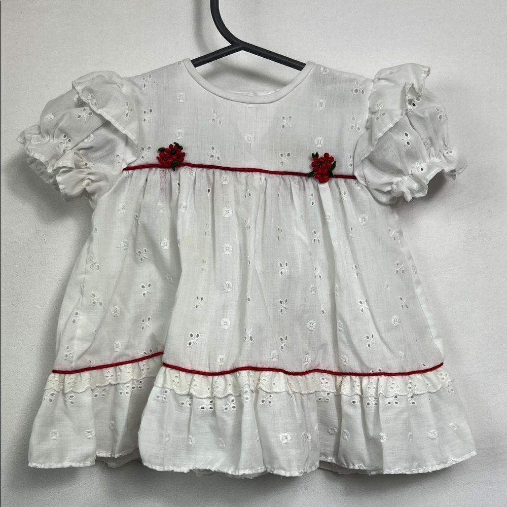 Alexis Vintage white eyelet with red appliqué  & trim ruffle dress size 3 months